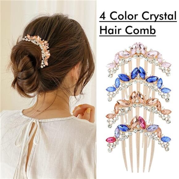 Elegant Crystal Hair Combs Set - Pink, Blue, Gold - Picture 2 of 11